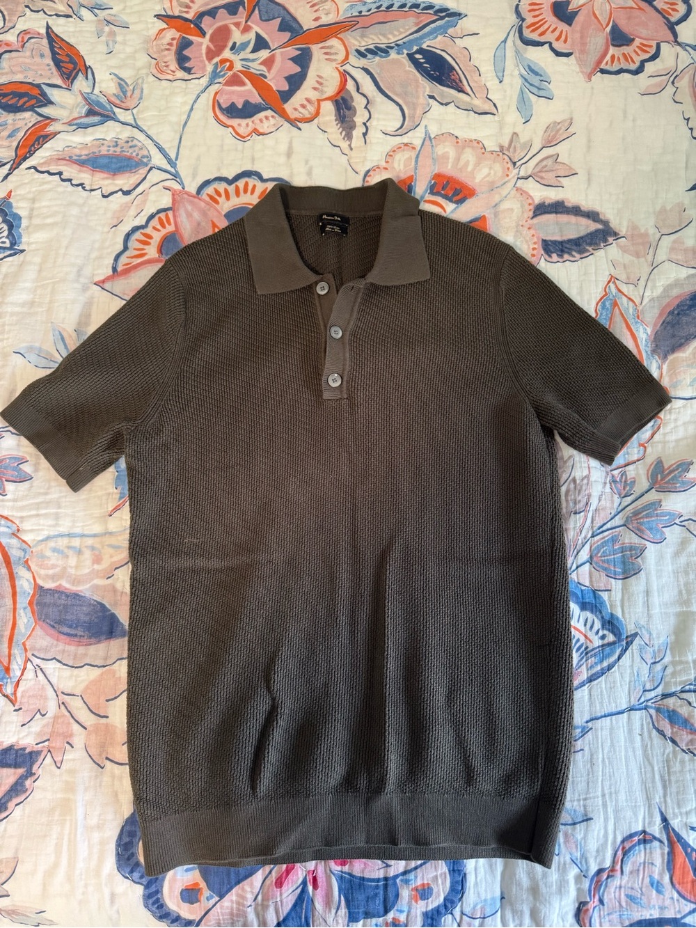 Massimo Dutti Short-Sleeve Polo Knit in Dark Olive